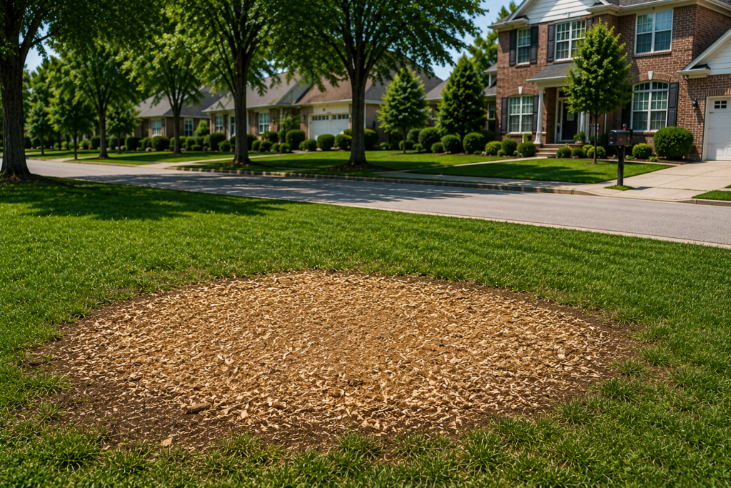After louisville stump grinding pros are on site to grind the stump in a residential home in Louisville ky