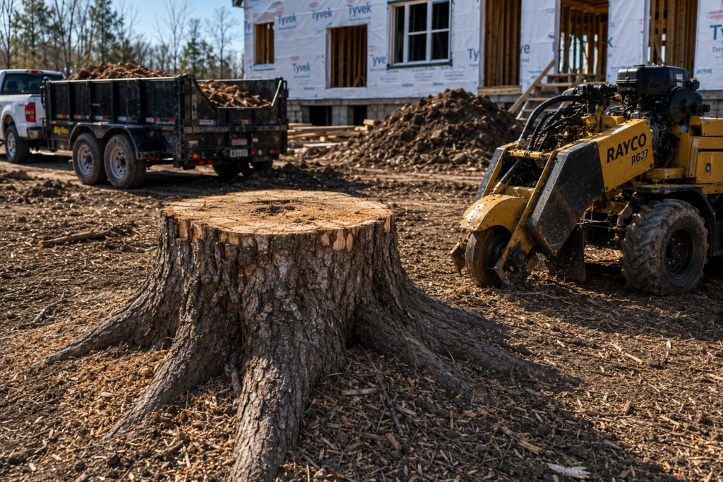 Before Louisville Stump grinding pros working on a commercial job site as a subcontractor