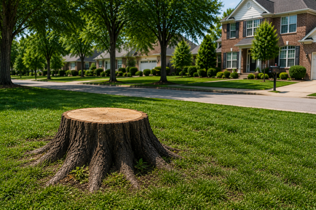 Before louisville stump grinding pros are on site to grind the stump in a residential home in Louisville ky