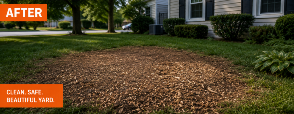 Louisville stump grinding pros before and after comparison for work completed at residential home