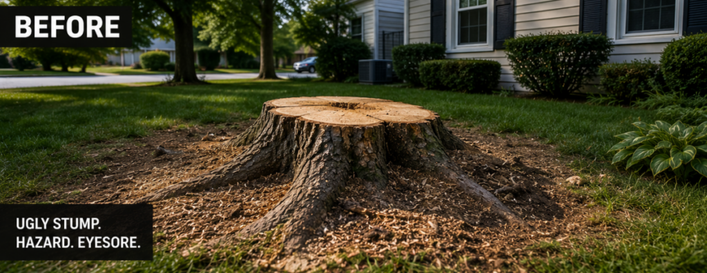 Louisville stump grinding pros before and after comparison for work completed at residential home
