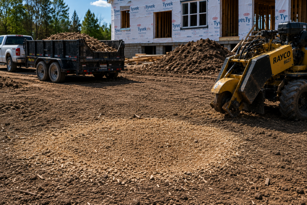 Before Louisville Stump grinding pros working on a commercial job site as a subcontractor