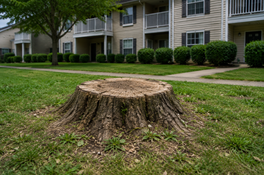 before louisville stump grinding pros working on a property managers lot of condominiums apartmanets townhomes patiohomes nursing home